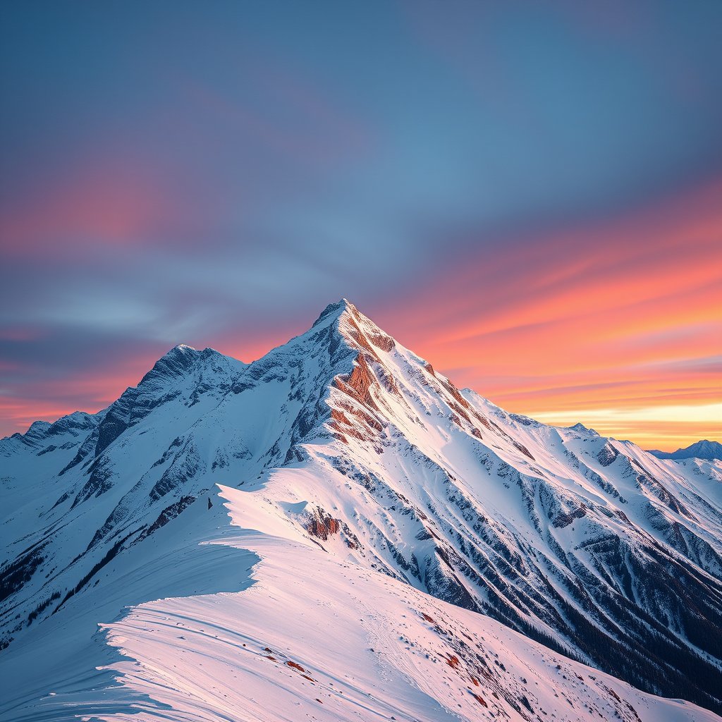 a snowy mountain peak with alpine glow at dusk, ultra realistic, crisp details, studio quality