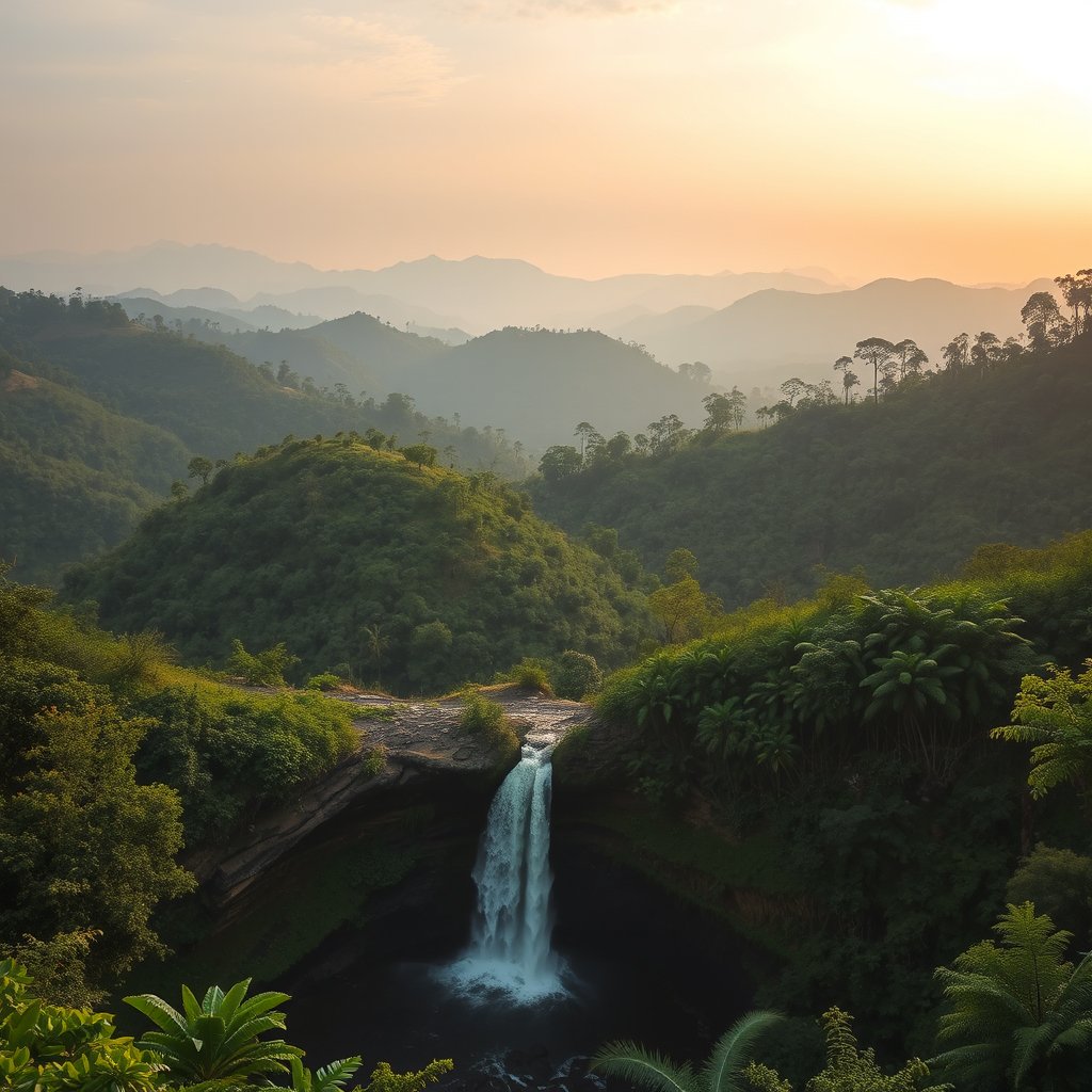 coorg images hills, greenry, waterfall, golden hour lighting, warm tones, atmospheric