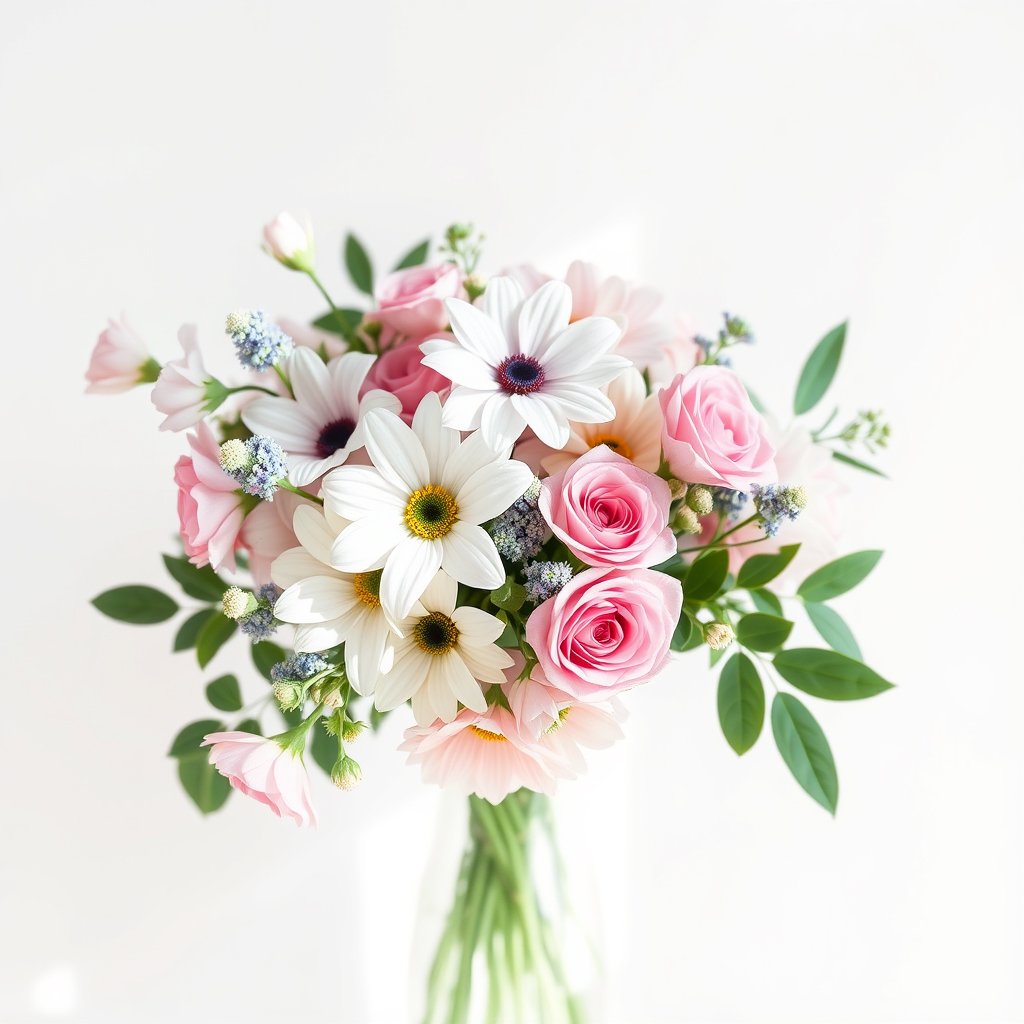 fresh flower bouquet, soft daylight, minimal background — Розы эквадорские, 5 шт, bright and airy, pastel tones, dreamy aesthetic
