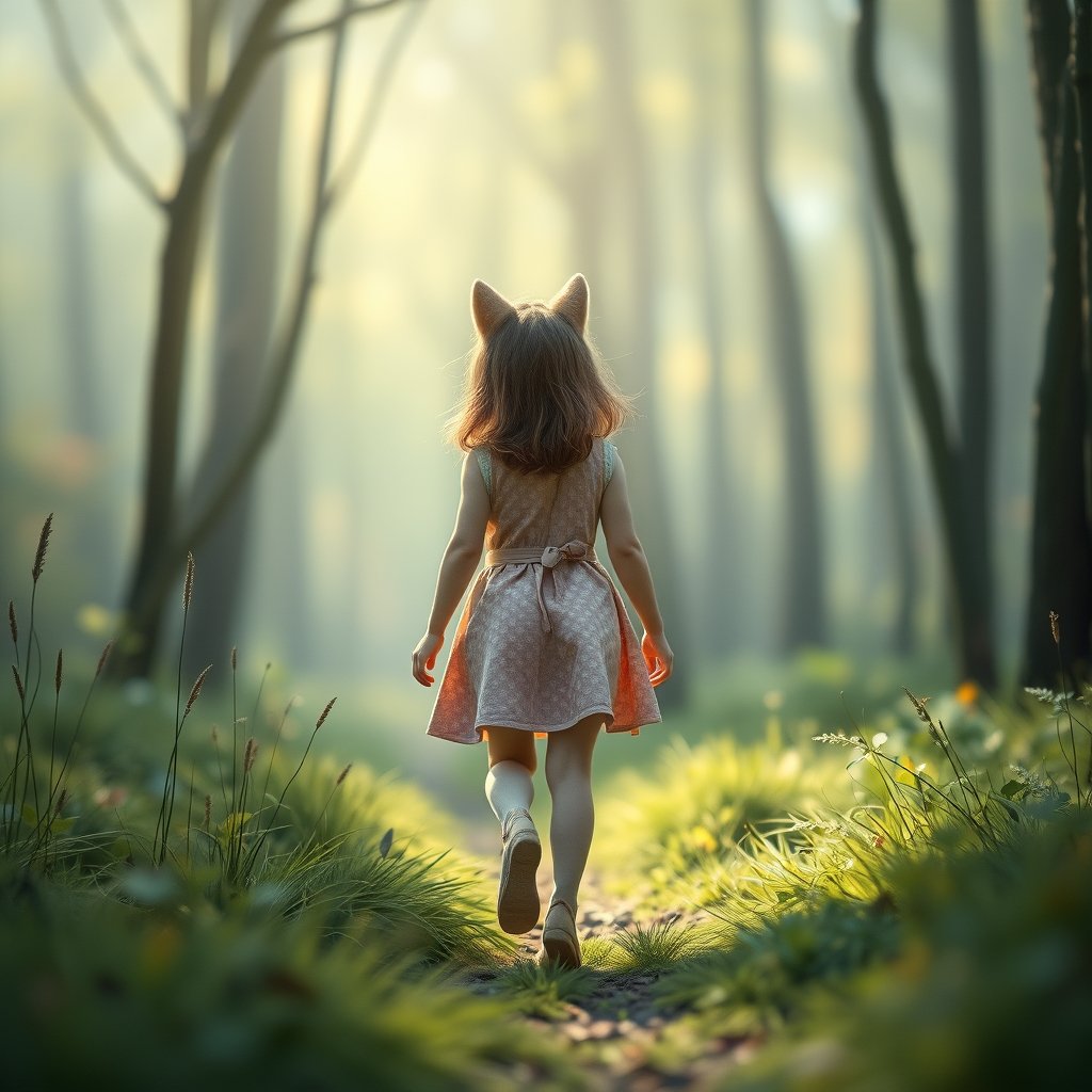 forest in the walking little girl realistic, girls back look wolf, bright and airy, pastel tones, dreamy aesthetic