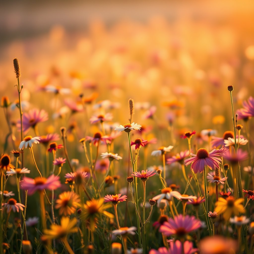a field of wildflowers in full bloom, meadow at spring, golden hour lighting, warm tones, atmospheric