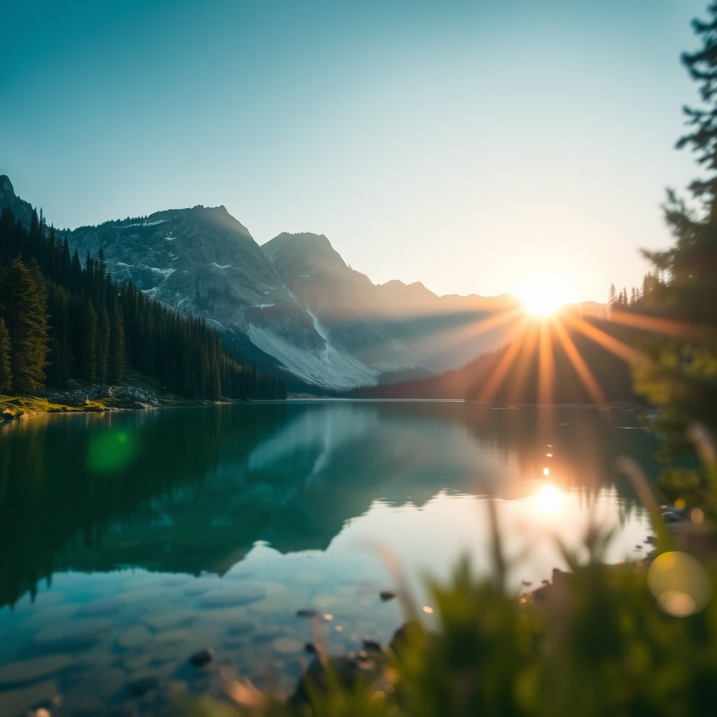 a serene mountain lake at sunrise surrounded by pine forests, soft natural light, shallow depth of field, bokeh