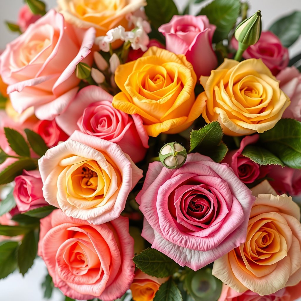 nature fresh bouquet flowers roses, ultra realistic, crisp details, studio quality