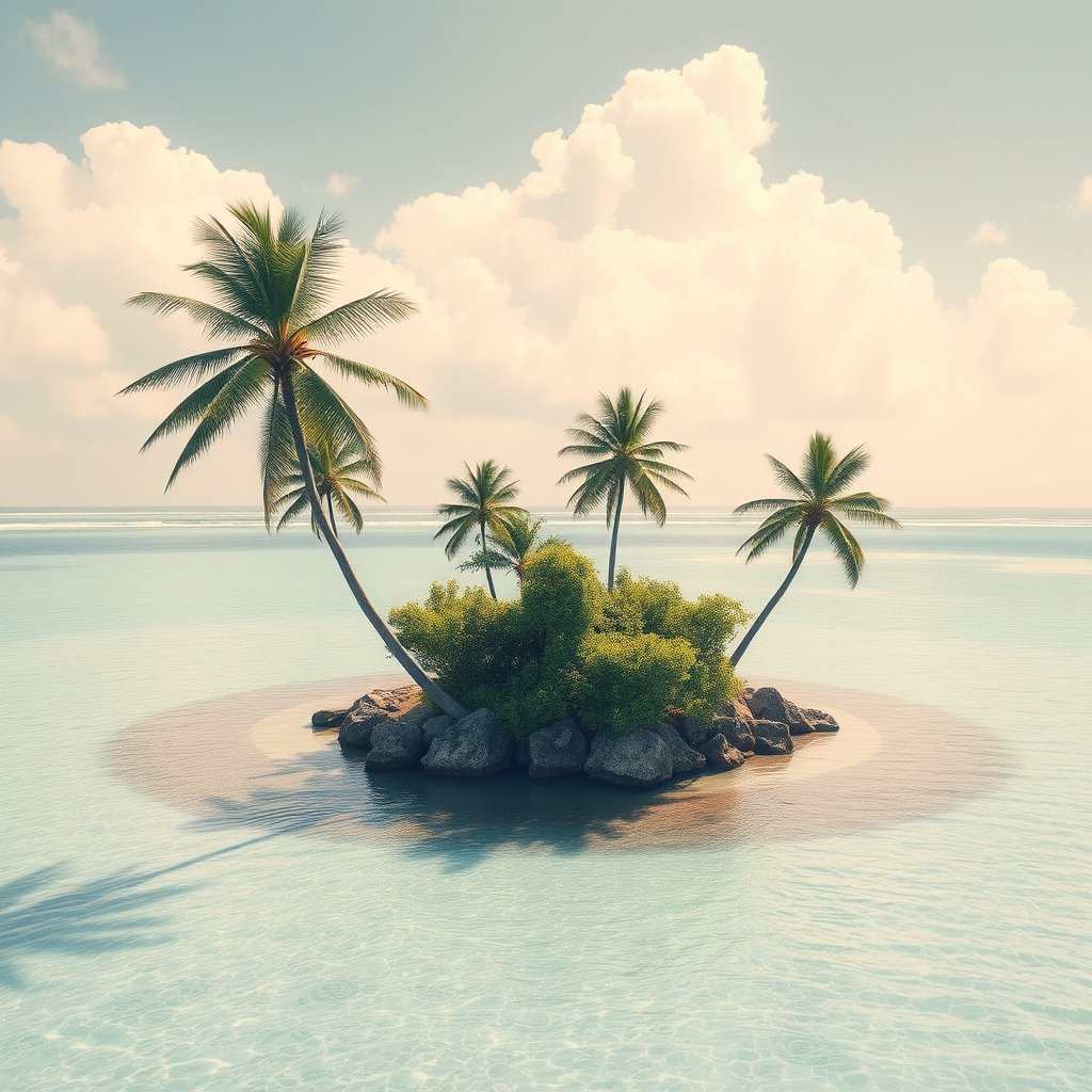 a tropical island with palm trees and clear lagoon, bright and airy, pastel tones, dreamy aesthetic