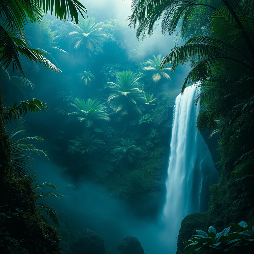 a lush tropical rainforest with a waterfall and mist, cinematic lighting, vibrant colors, dramatic atmosphere