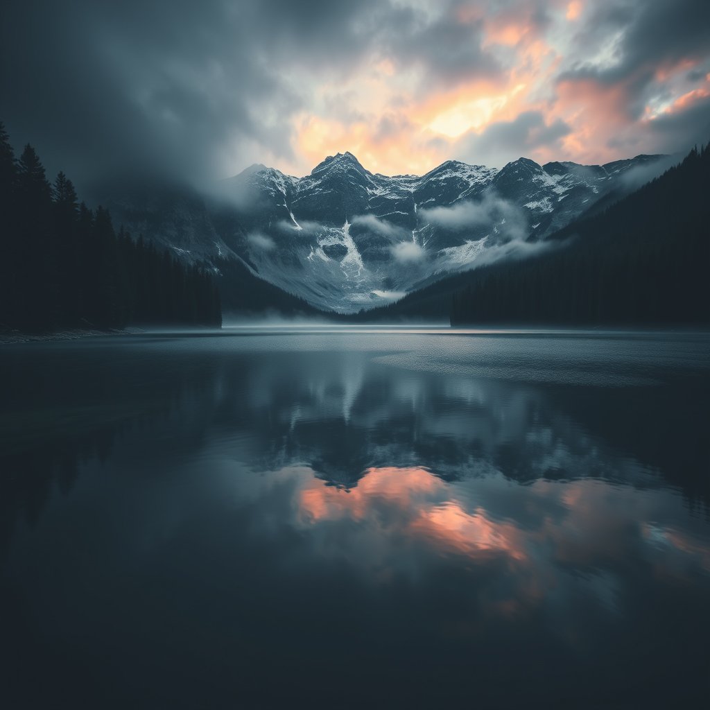 a serene mountain lake at sunrise surrounded by pine forests, moody lighting, high contrast, fine art photography