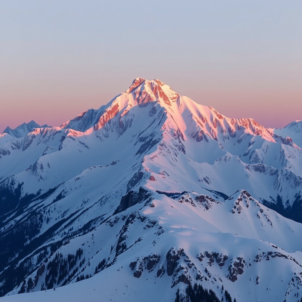 a snowy mountain peak with alpine glow at dusk, ultra realistic, crisp details, studio quality