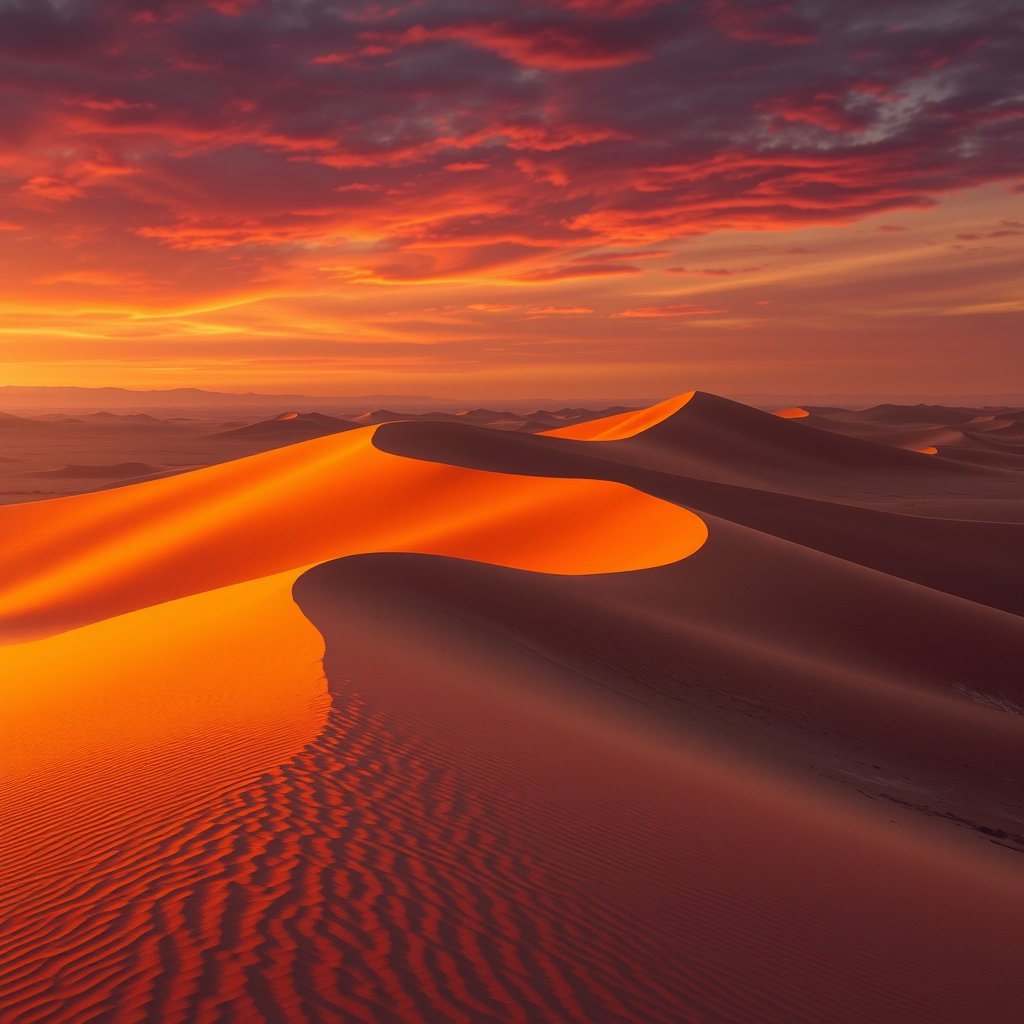 a desert landscape with sand dunes at golden hour, cinematic lighting, vibrant colors, dramatic atmosphere