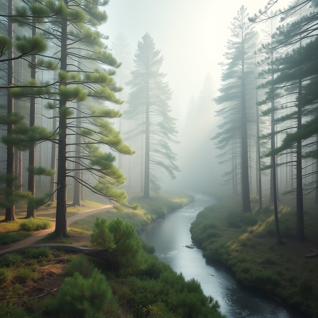 a misty pine forest with a winding river, bright and airy, pastel tones, dreamy aesthetic
