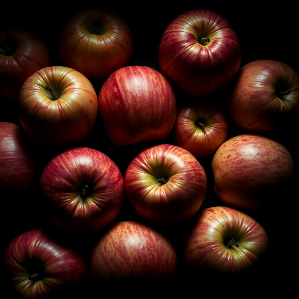 image of a dozen of apples, moody lighting, high contrast, fine art photography