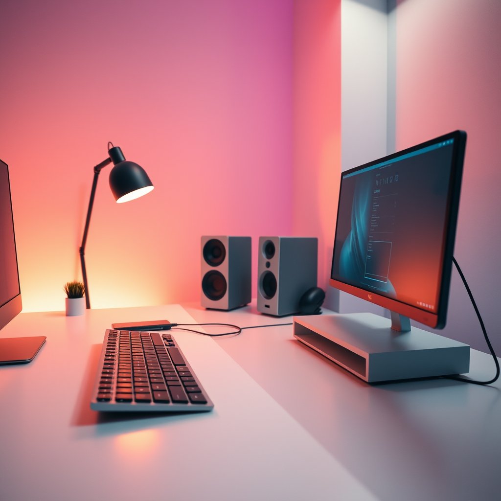 Modern tech workspace with a sleek keyboard, minimalist desk setup, warm ambient lighting, clean white and gray tones, soft shadows, professional atmosphere, no people, no text, cinematic lighting, vibrant colors, dramatic atmosphere