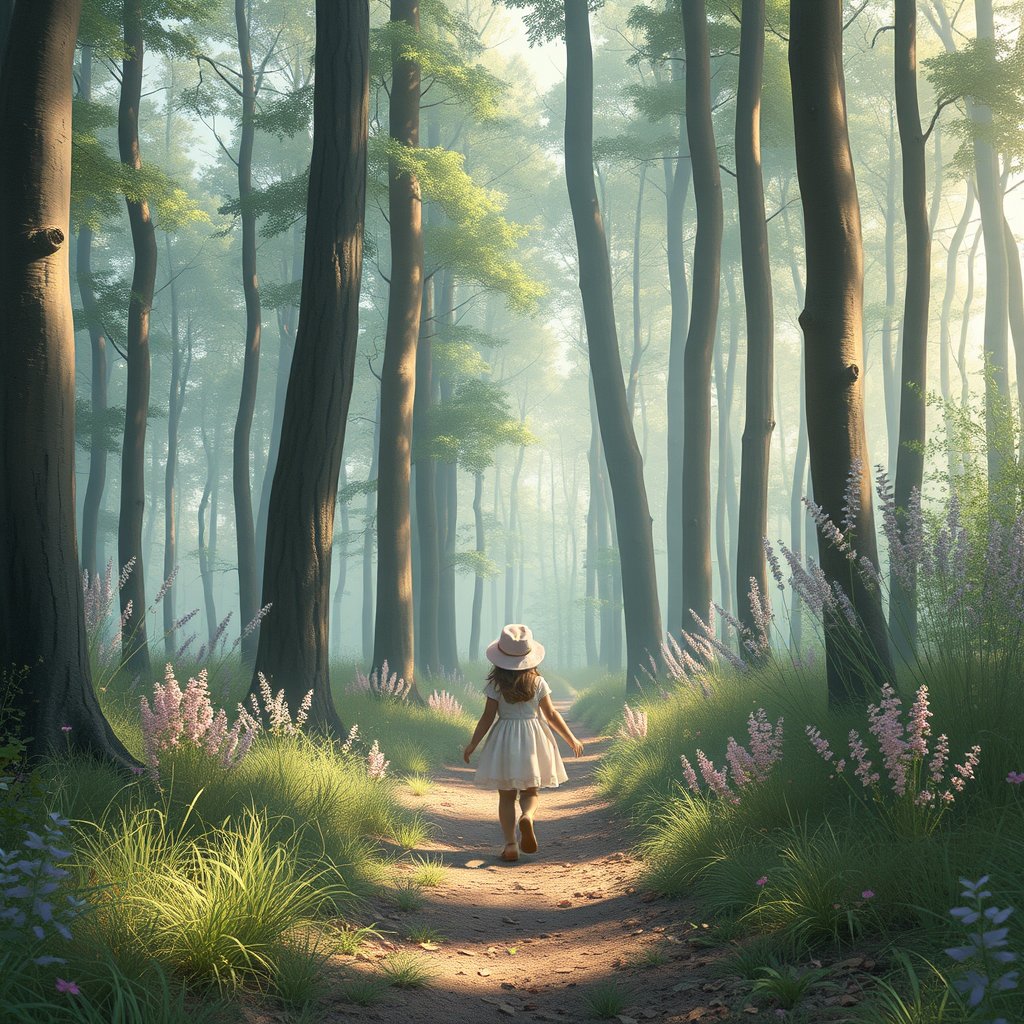 forest in the walking little girl realistic, bright and airy, pastel tones, dreamy aesthetic
