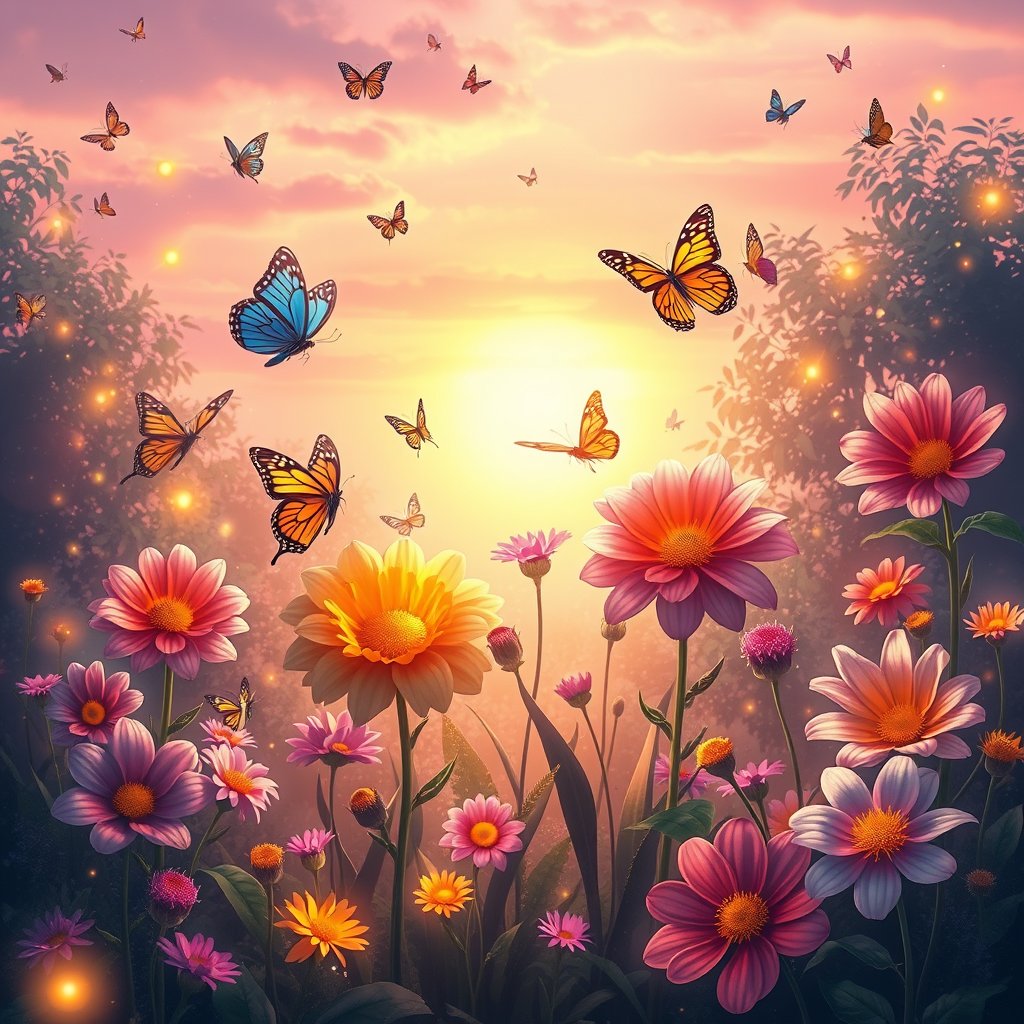 A beautiful fantasy garden symbolizing friendship, several colorful flowers blooming together, butterflies flying around, warm sunset light, glowing fireflies, soft pink and purple sky, peaceful and emotional atmosphere, whimsical digital painting, highly detailed, magical realism, 4K, golden hour lighting, warm tones, atmospheric