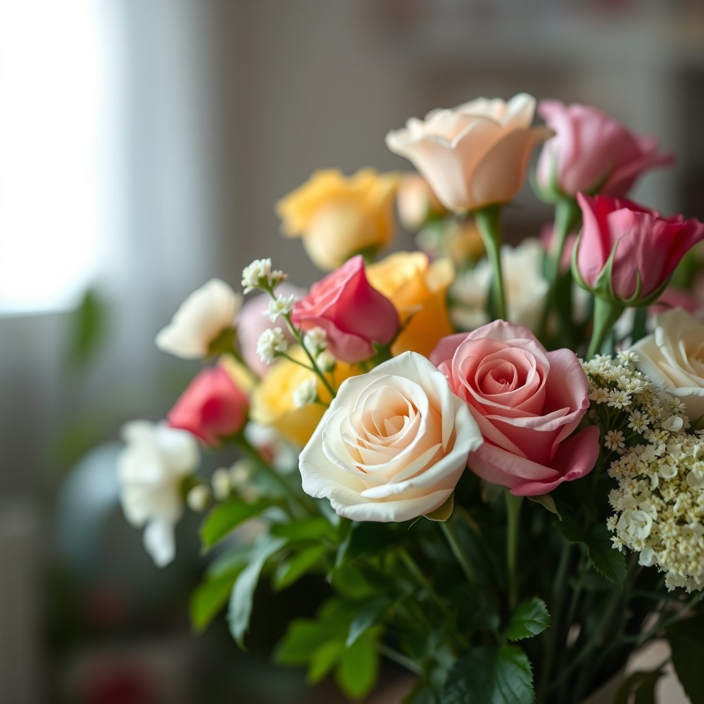 nature fresh bouquet flowers roses arrangement, soft natural light, shallow depth of field, bokeh
