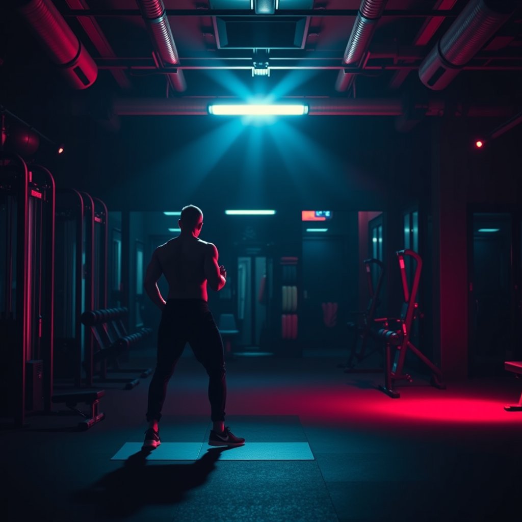 gym workout, cinematic lighting, vibrant colors, dramatic atmosphere