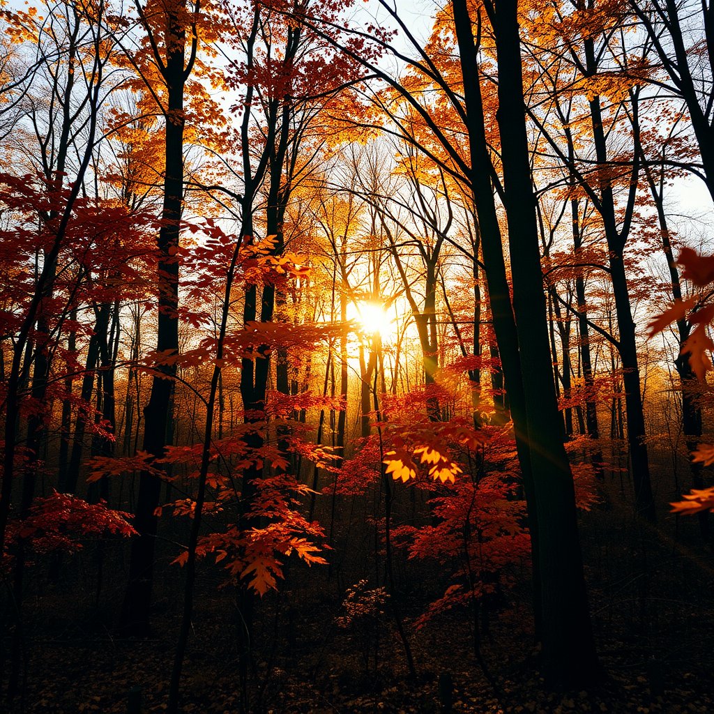 autumn forest with golden and red leaves, sun rays through trees, golden hour lighting, warm tones, atmospheric