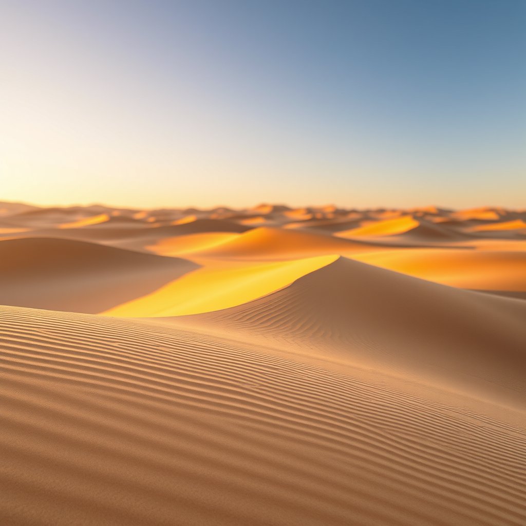a desert landscape with sand dunes at golden hour, soft natural light, shallow depth of field, bokeh