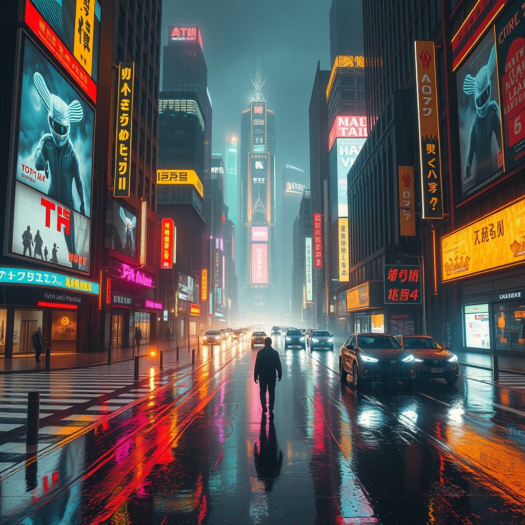 Prompt:
A futuristic cyberpunk city at night, glowing neon buildings, holographic advertisements, flying cars, rain-covered streets reflecting colorful lights, a lone person walking through the city, cinematic atmosphere, ultra detailed digital art, cyberpunk style, 4K, golden hour lighting, warm tones, atmospheric