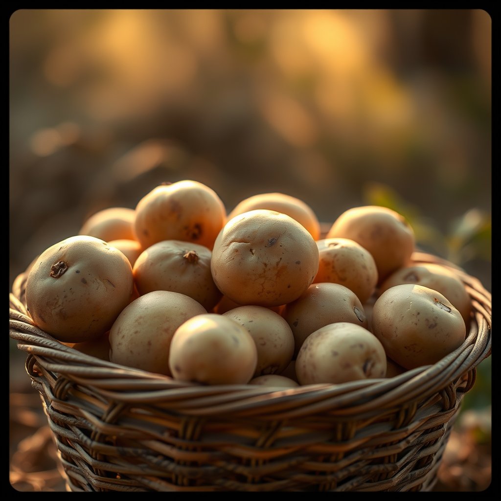 image of a dozen of potatoes in a basket, golden hour lighting, warm tones, atmospheric