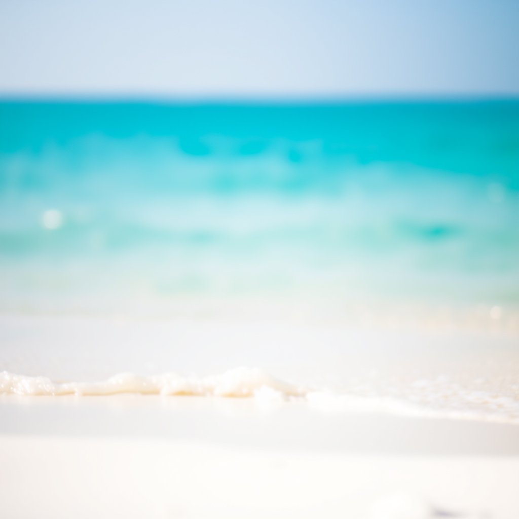 a calm ocean beach with turquoise water and white sand, soft natural light, shallow depth of field, bokeh