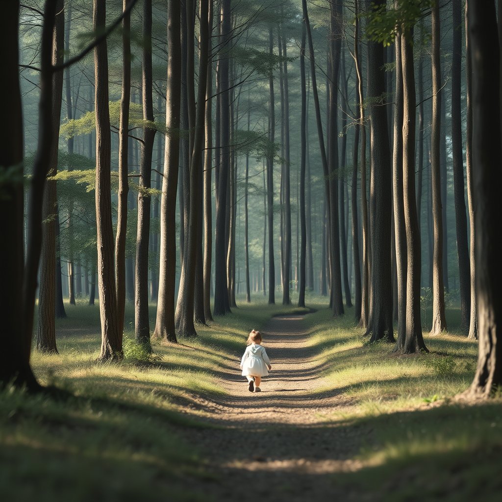 forest in the walking little girl realistic, minimalist composition, clean background, elegant