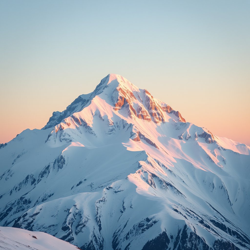 a snowy mountain peak with alpine glow at dusk, bright and airy, pastel tones, dreamy aesthetic