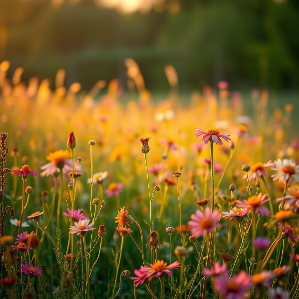 a field of wildflowers in full bloom, meadow at spring, golden hour lighting, warm tones, atmospheric