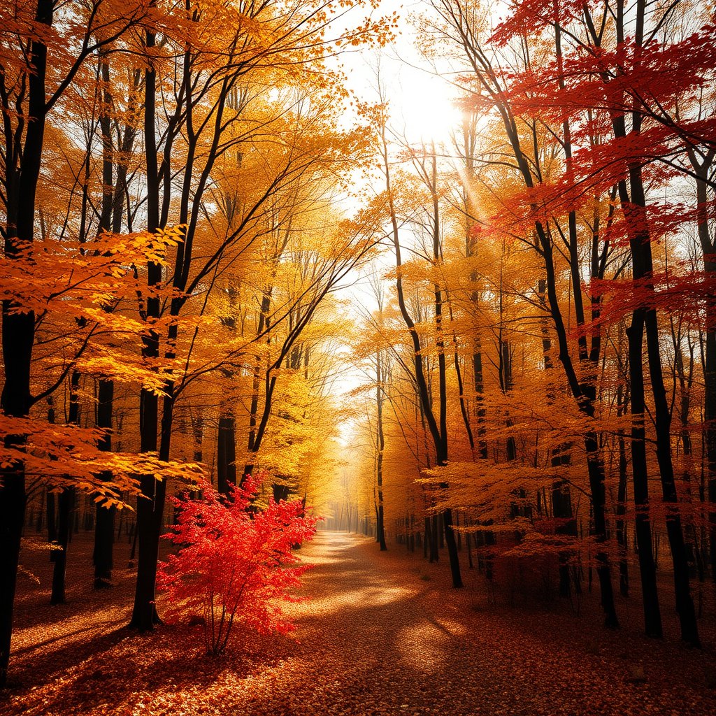 autumn forest with golden and red leaves, sun rays through trees, minimalist composition, clean background, elegant
