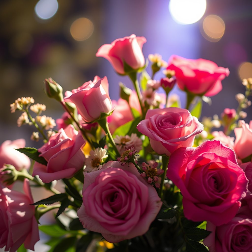 nature fresh bouquet flowers roses, cinematic lighting, vibrant colors, dramatic atmosphere