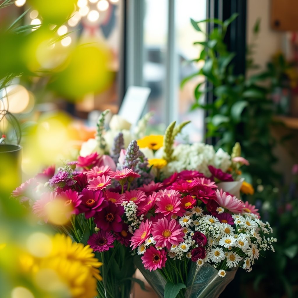 nature flower shop store bouquet display, soft natural light, shallow depth of field, bokeh