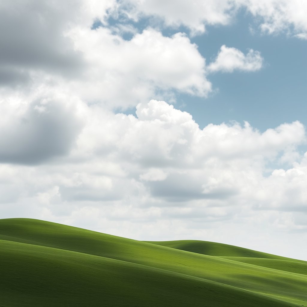 rolling green hills under a dramatic cloudy sky, minimalist composition, clean background, elegant