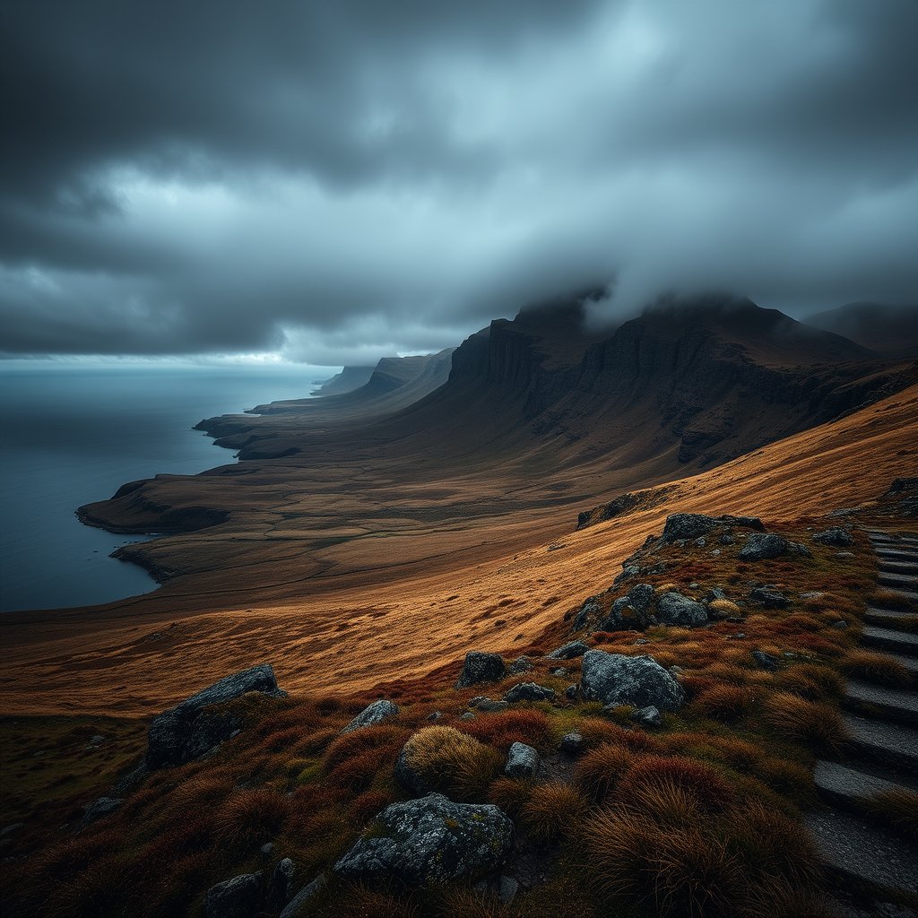 scenary from donegal, moody lighting, high contrast, fine art photography
