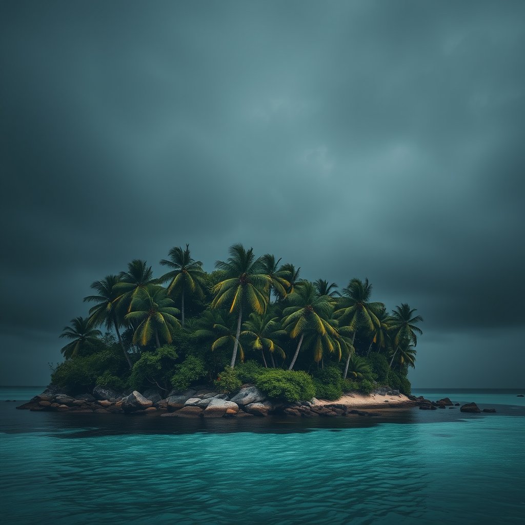 a tropical island with palm trees and clear lagoon, moody lighting, high contrast, fine art photography