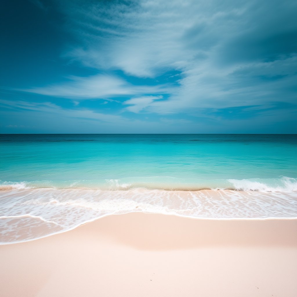 a calm ocean beach with turquoise water and white sand, cinematic lighting, vibrant colors, dramatic atmosphere