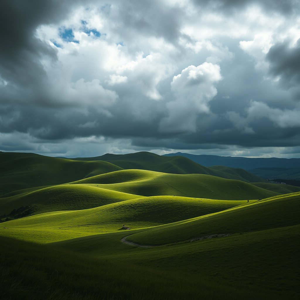 rolling green hills under a dramatic cloudy sky, moody lighting, high contrast, fine art photography