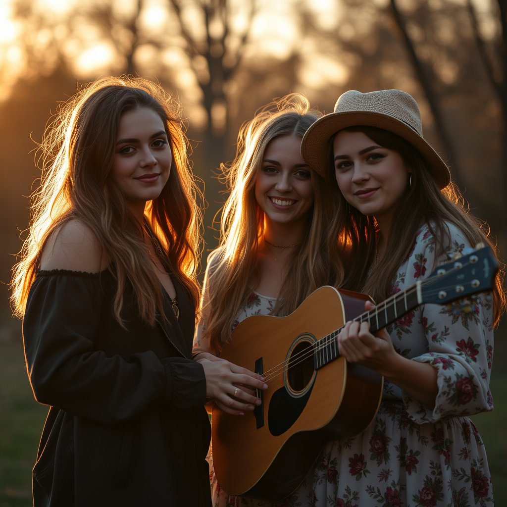 Девушки рок-певцы в группе с микрофоном, громкая музыка, golden hour lighting, warm tones, atmospheric