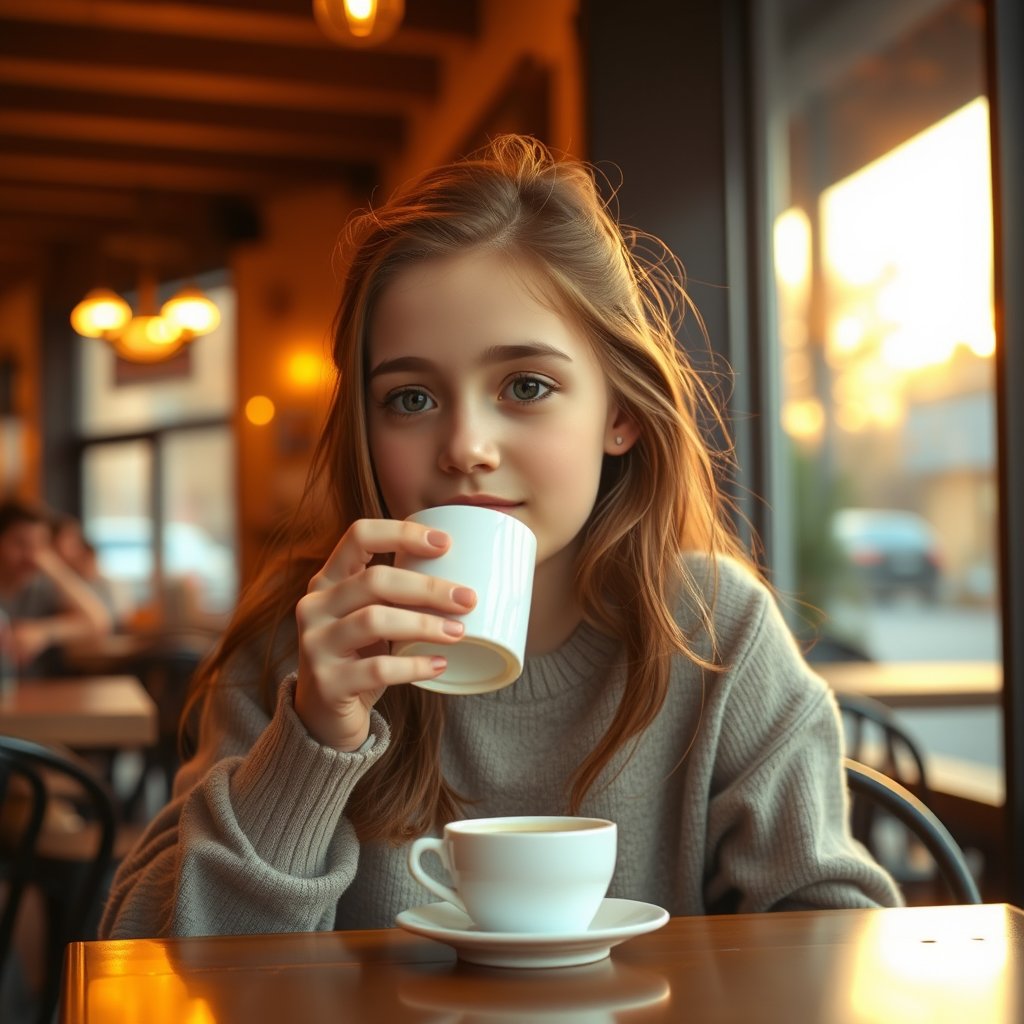 a young girl 20 e.o. is drinking coffee in a cafe, golden hour lighting, warm tones, atmospheric