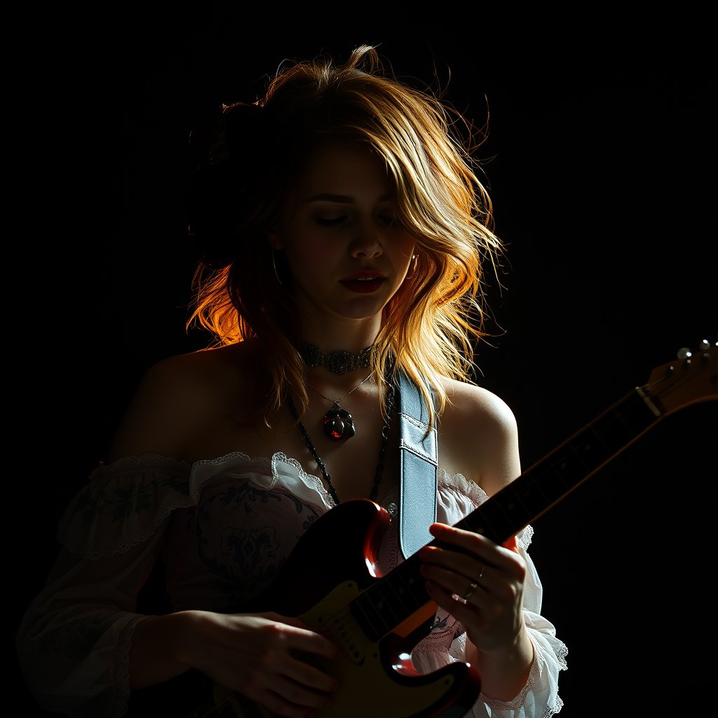 Девушка рок-певец с микрофоном, громкая музыка, moody lighting, high contrast, fine art photography