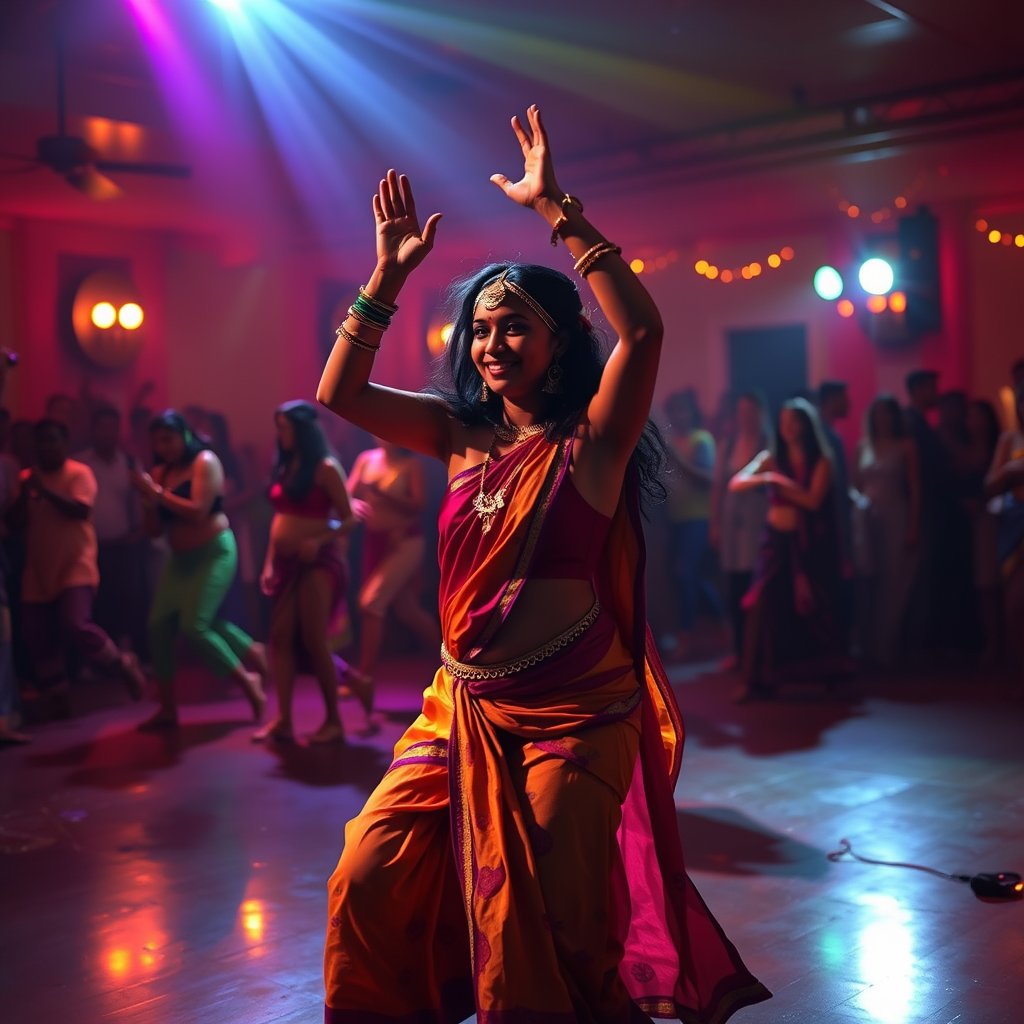 Dance Zumba indian, cinematic lighting, vibrant colors, dramatic atmosphere
