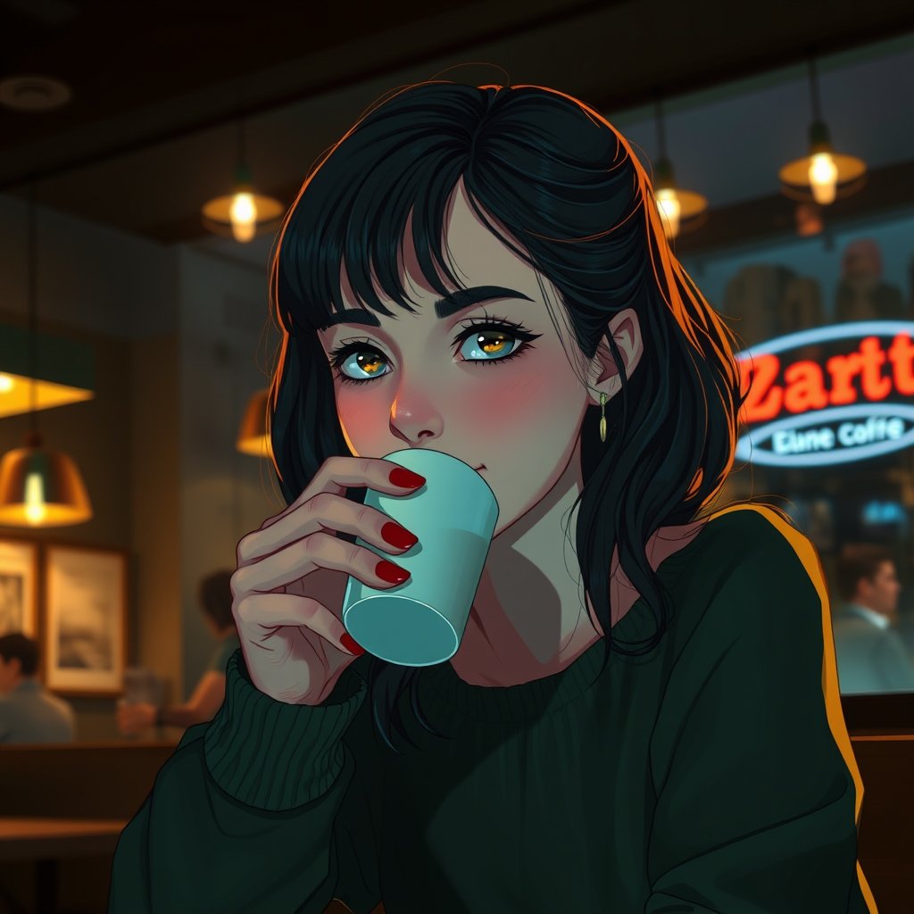 a girl 25 e.o. is drinking coffee in a cafe, cinematic lighting, vibrant colors, dramatic atmosphere