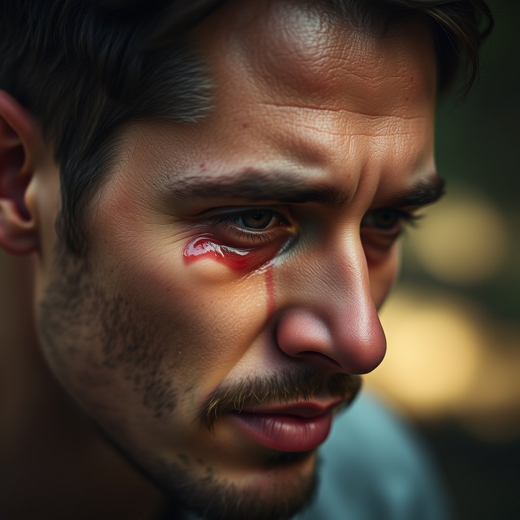 Man, tear on the face, soft natural light, shallow depth of field, bokeh