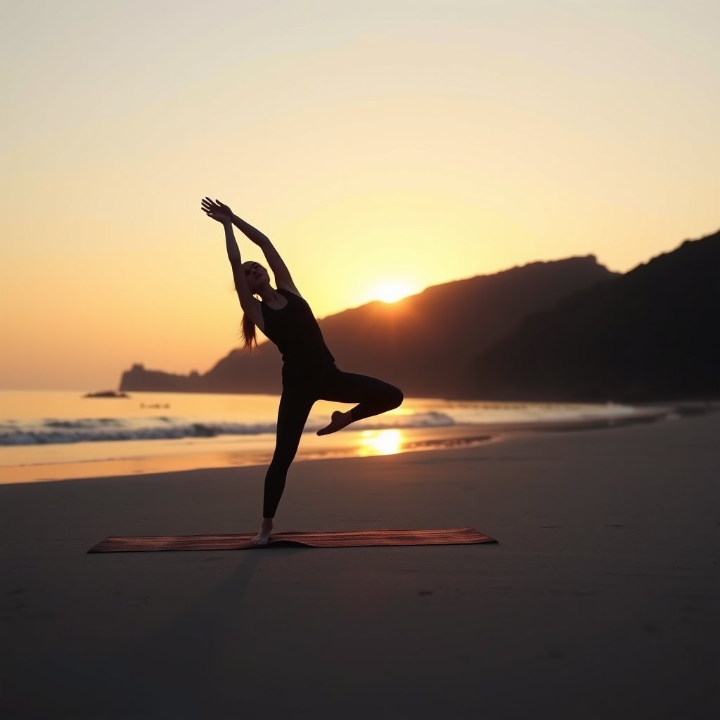 a person doing yoga on a beach at sunrise, minimalist composition, clean background, elegant