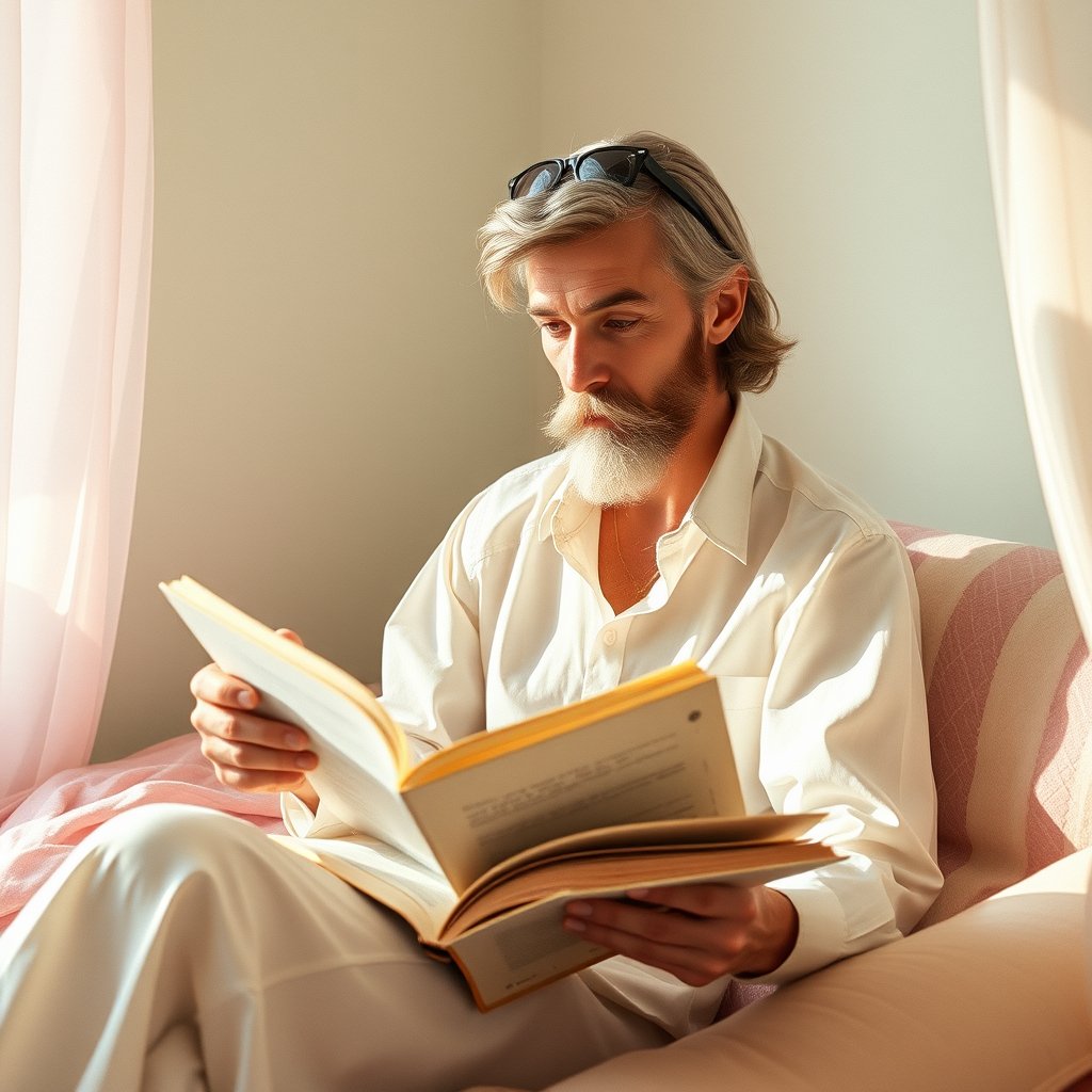 don quixote reads a book, bright and airy, pastel tones, dreamy aesthetic