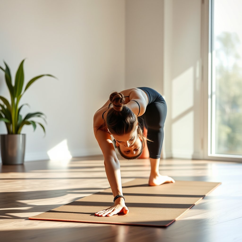 woman stretching yoga mat, mobility, calm, ultra realistic, crisp details, studio quality