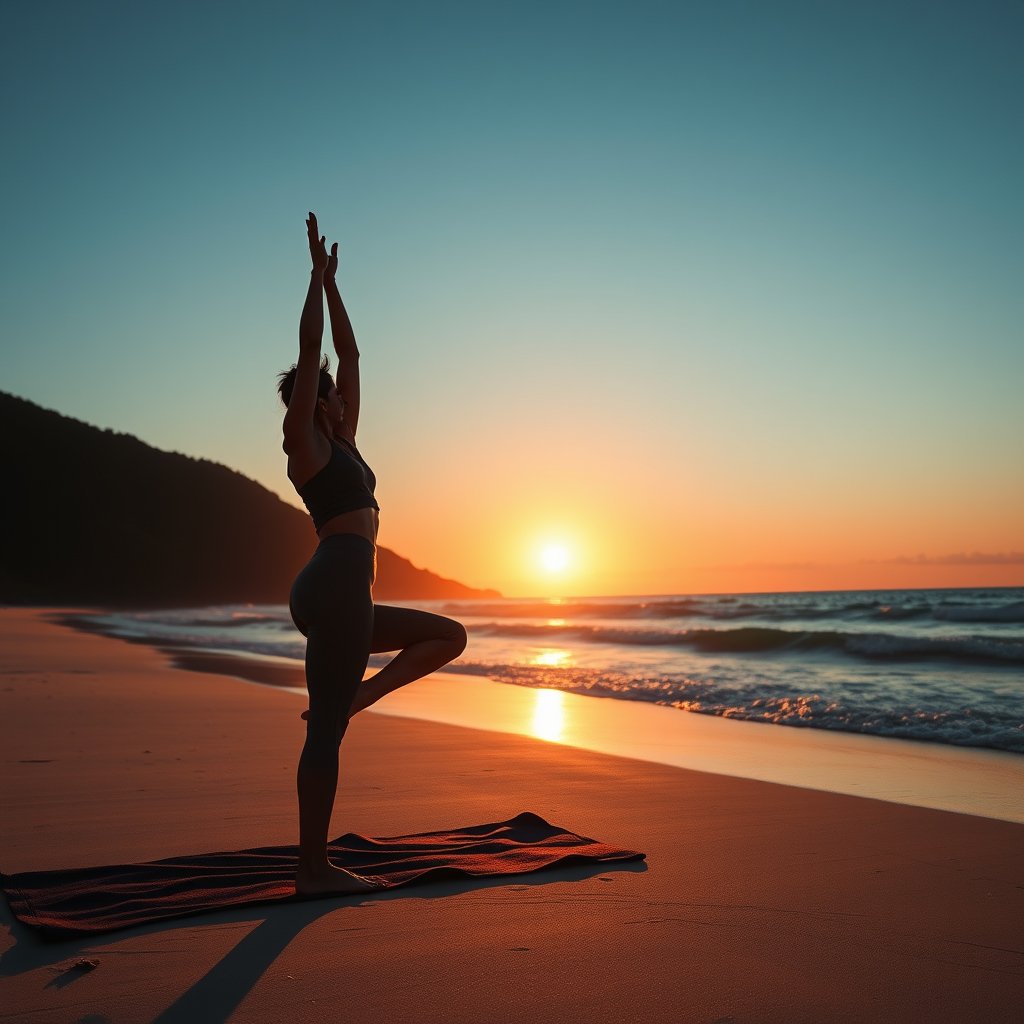 a person doing yoga on a beach at sunrise, ultra realistic, crisp details, studio quality