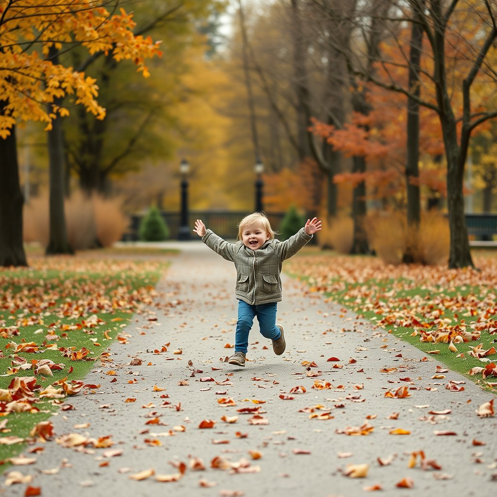 a child playing joyfully in an autumn park, minimalist composition, clean background, elegant