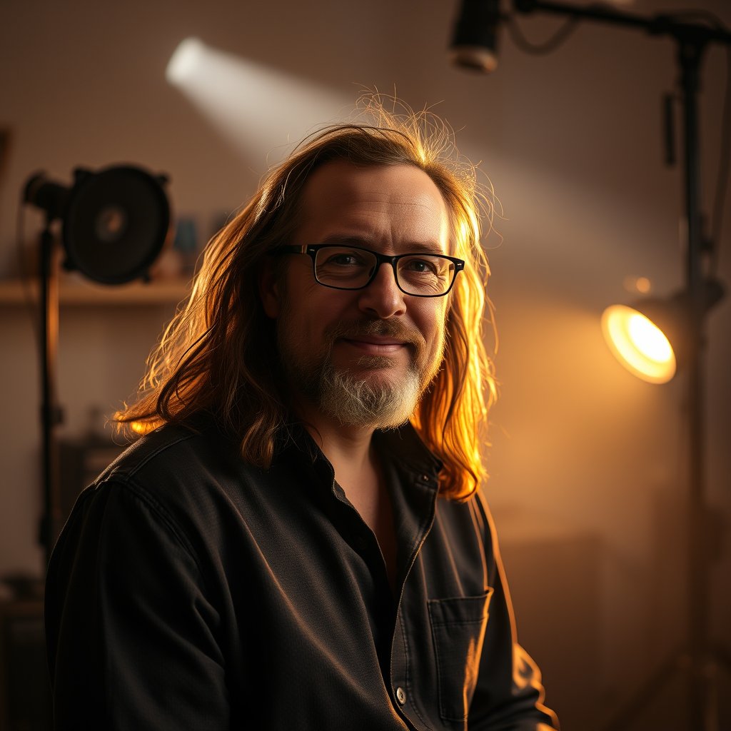a professional portrait of a creative artist in a studio, golden hour lighting, warm tones, atmospheric