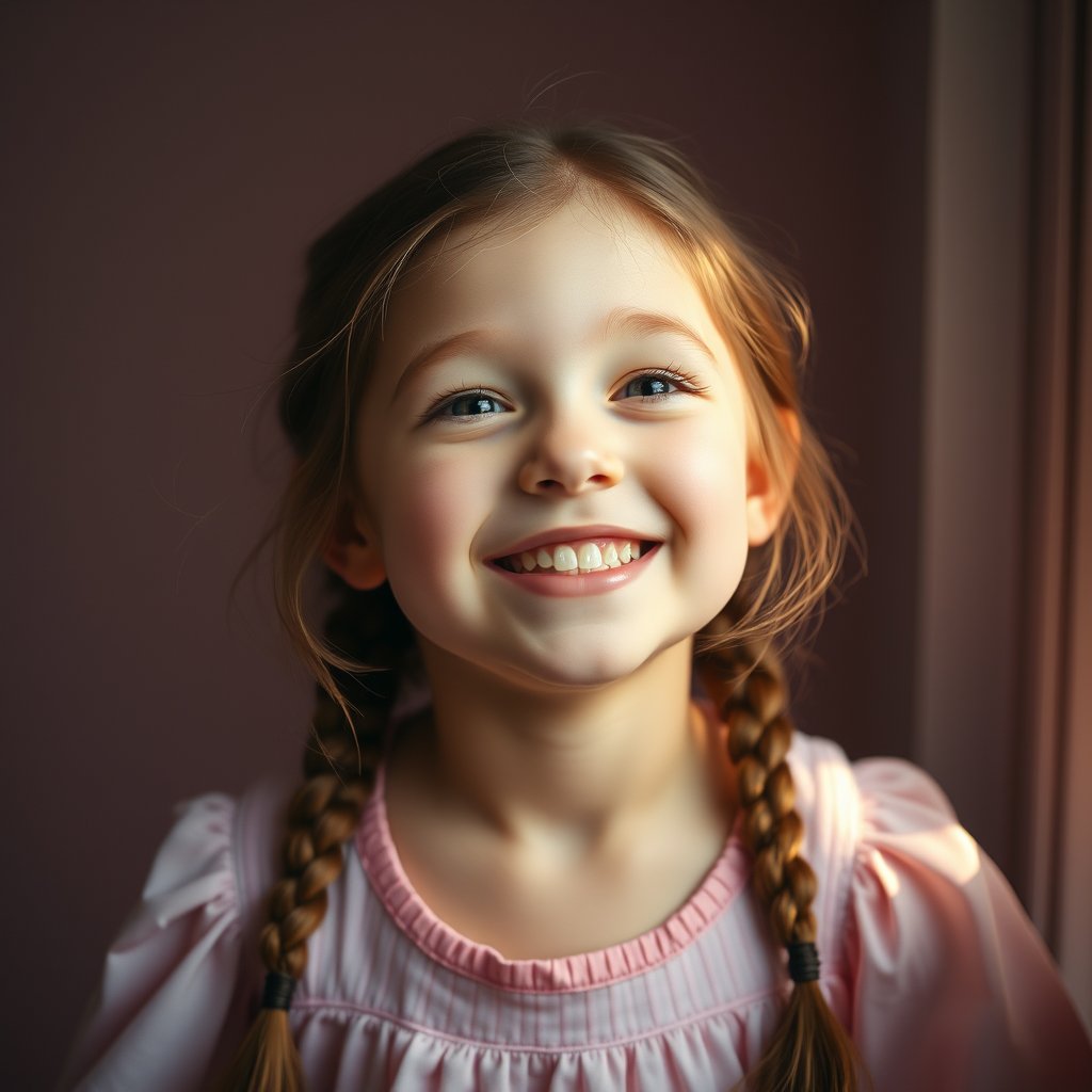smiling girl, bright and airy, pastel tones, dreamy aesthetic, moody lighting, high contrast, fine art photography