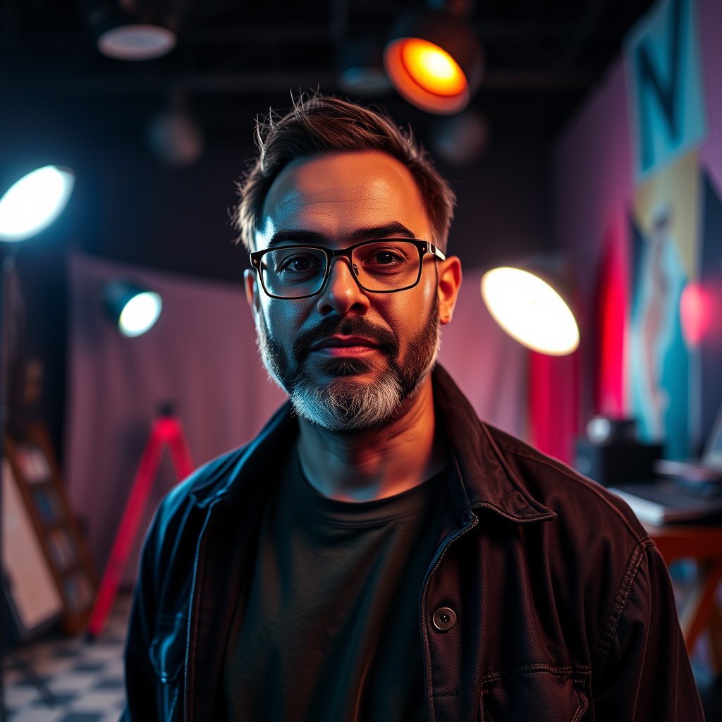 a professional portrait of a creative artist in a studio, cinematic lighting, vibrant colors, dramatic atmosphere