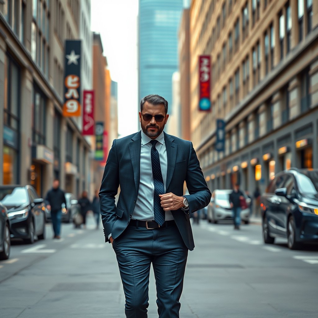 a stylish man in a suit walking in the city, highly detailed, 8k, professional photography, sharp focus
